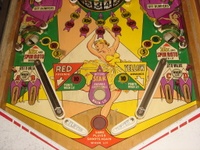 Image # 34773: Dancing Lady Production Game - Lower Playfield 
(The A-B-C-D playfield outlane artwork of the sample game were changed and recolored for the production game.)