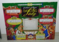 Image # 17827: Dancing Lady Sample Game -  Backglass 
(Besides having multiple colors around the score reels, this glass, and the Sample backbox, were slightly shorter than the production version.)