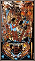 Image # 632: Demolition Man Playfield - Unlabeled Inserts 
(The three round orange inserts and the larger white rectangular insert on the left side of the playfield are not labeled with point values or text.)