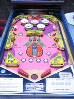 Image # 48473: Doodle Bug Early Production Playfield 
(The pop bumper caps and the yellow rollover button below the doodle bug are not original to this game. Serial number 65420.)