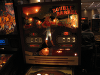 Image # 83597: Double Barrel Illuminated Backglass 
(The backbox has been repainted. Photographed at the 2013 Pinball Expo in Chicago.)