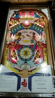 Image # 67917: Dyn O' Mite Illuminated Playfield - Glass Removed 
(The bumper cap and apron cards are reproduction. The flippers are a later version from this manufacturer where screw heads and washers are not visible. Decals were added to simulate the original flippers.)
