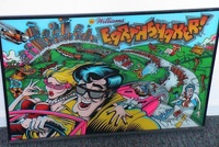 Image # 14356: Earthshaker Test Backglass 
(Screened on glass; not a translite. One of ten test backglasses with a pink car (production backglass features a red car), made shortly after the game went into production.  Were never put in any game.)