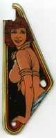 Image # 39418: Eight Ball Playfield Plastic - Obverse 
(Pinky Tuscadero's shirt on this slingshot plastic appears red when the game is on, and tan when the game is off.)