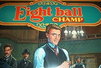 Image # 71151: Eight Ball Champ Original Backglass Artwork - Detail 
(Artist is Tony Ramunni.Watercolor on posterboard.Approximate dimensions 24 1/2 inches by 26 inches. Metal frame is 30 1/2 by 32 1/2 inches.)