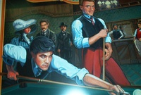 Image # 71152: Eight Ball Champ Original Backglass Artwork - Detail 
(Artist is Tony Ramunni.Watercolor on posterboard.Approximate dimensions 24 1/2 inches by 26 inches. Metal frame is 30 1/2 by 32 1/2 inches.)