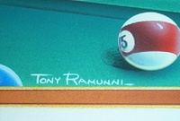 Image # 71153: Eight Ball Champ Original Backglass Artwork - Detail 
(Artist is Tony Ramunni.Watercolor on posterboard.Approximate dimensions 24 1/2 inches by 26 inches. Metal frame is 30 1/2 by 32 1/2 inches.)