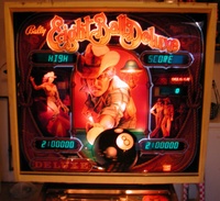 Image # 58771: Eight Ball Deluxe Prototype Game - Illuminated Backglass 
(Unlike other prototypes of this game, this one records only the highest score. Serial number EED9201.)