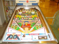 Image # 28849: Elite Guard Playfield 
(The bumper cap point values seen on this game were changed by the operator to account for his modification to 5-digit backglass scoring.)
