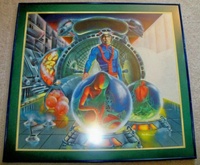 Image # 62570: Embryon Original Backglass Artwork 
(Artist is Tony Ramunni. Paint on artists' board.Approximate dimensions 26 by 28 1/2 inches.The metal frame is 30 by 32 inches.The right side of the painting is unfinished due to production deadline. For the production backglass, this area was filled in by mirroring the left side.)