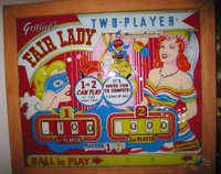 Image # 54385: Fair Lady Backglass 
(The replay unit was removed from this game and the replay window is covered over. Serial number G20558FL.)
