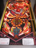Image # 40266: Fireball II Illuminated Playfield 
(The factory mylar has been removed from this playfield. The drop targets and bumper caps are after-factory manufacture using Bally's original dies.)