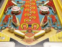 Image # 65311: Flip Flop Early Production Lower Playfield 
(The ribbed blue double bonus insert is not original to this game. The original one was red and was not ribbed. Serial number 1016.)