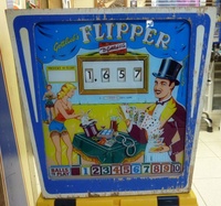 Image # 54530: Flipper Backglass 
(The backglass is a reproduction but this image is presented to show that this game with serial number G31384 was produced with a wedge head backbox.)