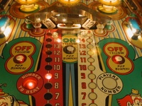 Image # 31095: Flipper Clown Sample Game - Clown Roto Target 
(The number 15 insert is instead shown as a clown insert with a roto-target to match. Serial number '01004 S' is stamped on outside of cabinet above the coin door.)
