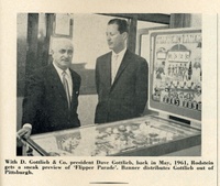 Image # 41097: Flipper Parade Cash Box Tribute with David Gottlieb 
(Cash Box, Feb-18-1967, page 87. This image was included in a multiple-page tribute to Banner Specialty's 50th anniversary. Banner was a distributor.)