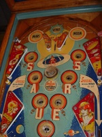 Image # 58734: Flying Saucers Upper Playfield 
(The white pop bumper cap printed with 'VENUS' is missing in this picture. )