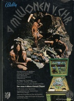 Image # 24891: Four Million B.C. German Ad 
(From the German operator magazine Automaten Markt, August 1971. The photograph is the reversed image of the cover of the 1971 record album 'Survival' by the rock band Grand Funk Railroad.)