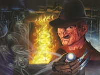 Image # 68100: Freddy A Nightmare on Elm Street Original Backglass Artwork 
(Artists are Constantino Mitchell and Jeanine Mitchell.Acrylic paint on illustration board.Dimensions 30 inches by 40 inches.)