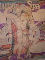 Image # 43124: Future Spa Original Backglass Artwork - Framed - Detail 
(Artist is David Christensen.Colored pencil on drafting paper.Full dimensions are 28 inches wide by 26 inches high.)