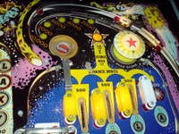 Image # 35977: Galaxy Upper Right Playfield 
(The design on the spinning target does not match the one shown on the manufacturer flyer.)