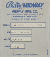 Image # 73269: The Bally Game Show Model Number and Serial Number 
(Serial number 2003 I345557.)