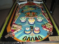 Image # 53296: Gay 90's Playfield - Downfield View 
(The two bumper caps at the top of the playfield are not original to this game.)