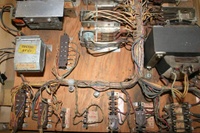 Image # 53320: Gay 90's Inside Cabinet - Replay Mode 
(An 8-pin shorting plug, necessary for replay operation, is shown installed. The Extra Ball Relay would be installed in the nearby open space and would plug into the 12-pin jack after the shorting plug was removed. Cabinet serial number 61361.)